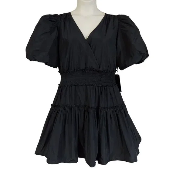 ☆☆SOLD☆☆ Karl Lagerfeld Paris Women's Puff-Sleeve Black Taffeta A-Line Dress - Picture 4 of 10